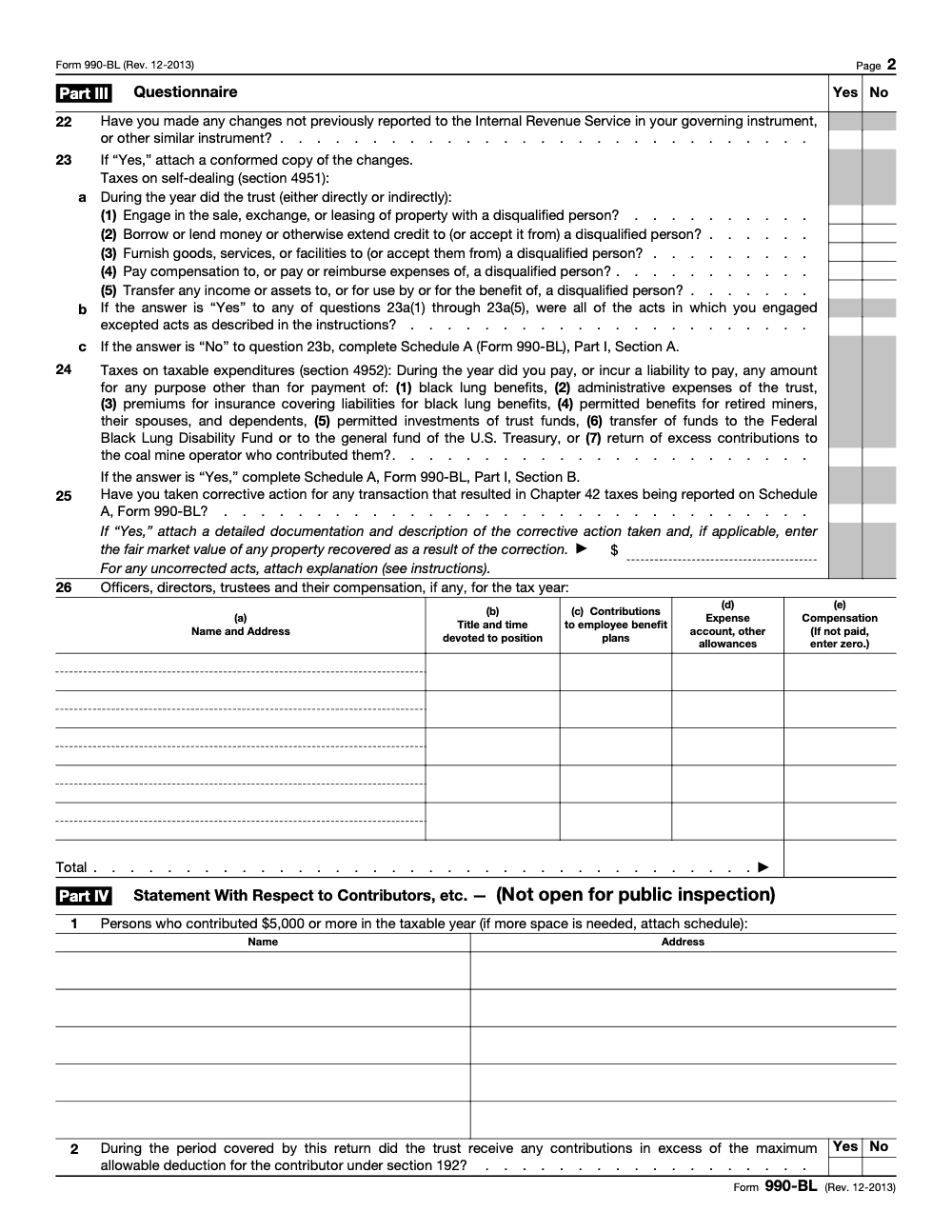 Page 2 of 3 of the official IRS Form 990-BL PDF (Rev. December 2013): Parts III, I