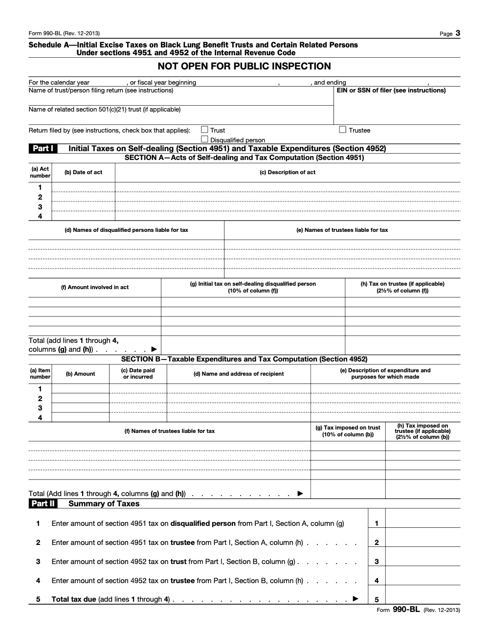 Page 3 of 3 of the official IRS Form 990-BL PDF (Rev. December 2013): Parts I, II