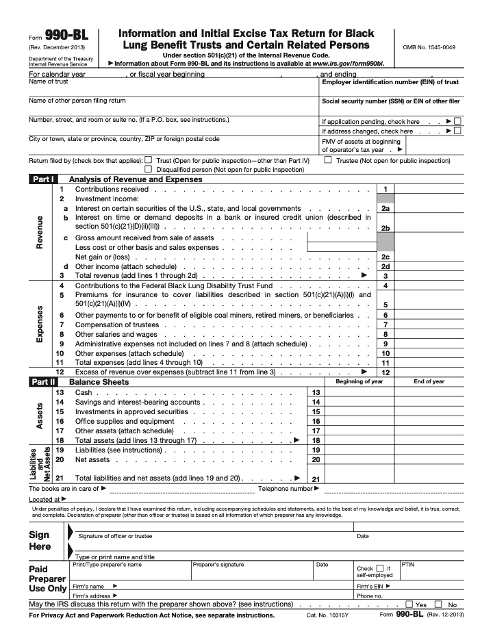 Page 1 of 3 of the official IRS Form 990-BL PDF (Rev. December 2013): Parts IV, I