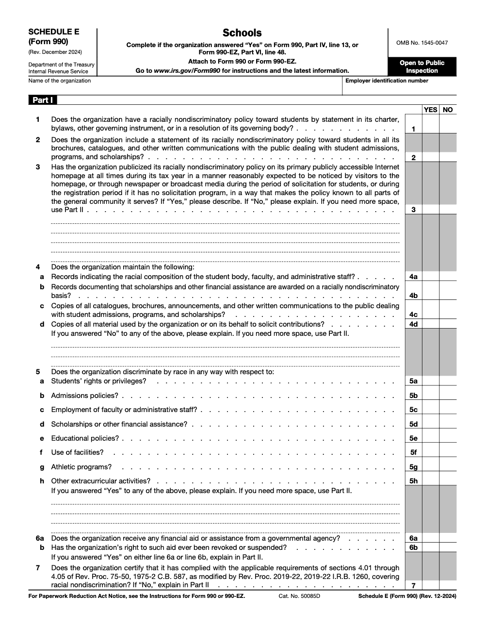 Page 1 of 2 of the official IRS Form 990 Schedule E PDF (Rev. December 2024): Parts IV, VI, I, II