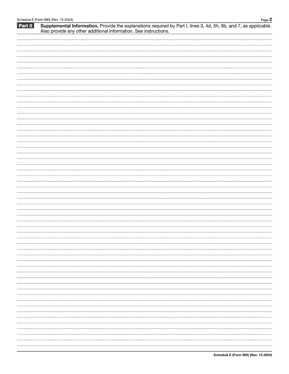 Page 2 of 2 of the official IRS Form 990 Schedule E PDF (Rev. December 2024): Parts II, I