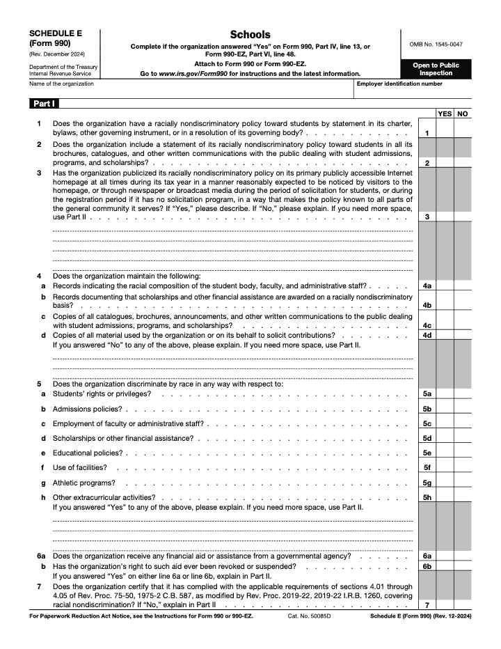 Page 1 of 2 of the official IRS Form 990 Schedule E PDF (Rev. December 2024): Parts IV, VI, I, II