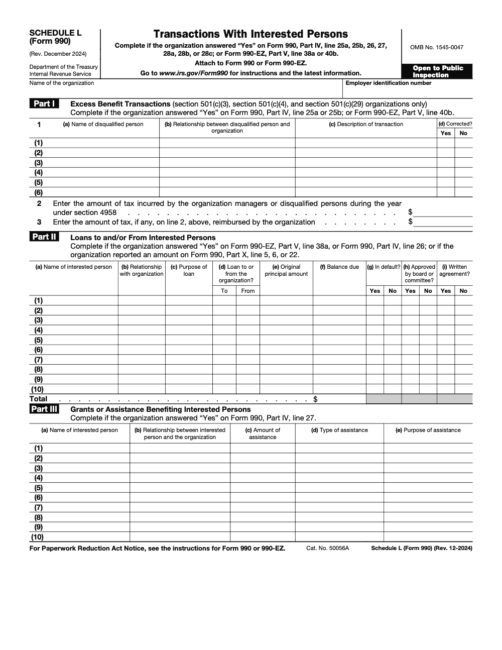 Page 1 of 2 of the official IRS Form 990 Schedule L PDF (Rev. December 2024): Parts IV, V, I, II, X, III