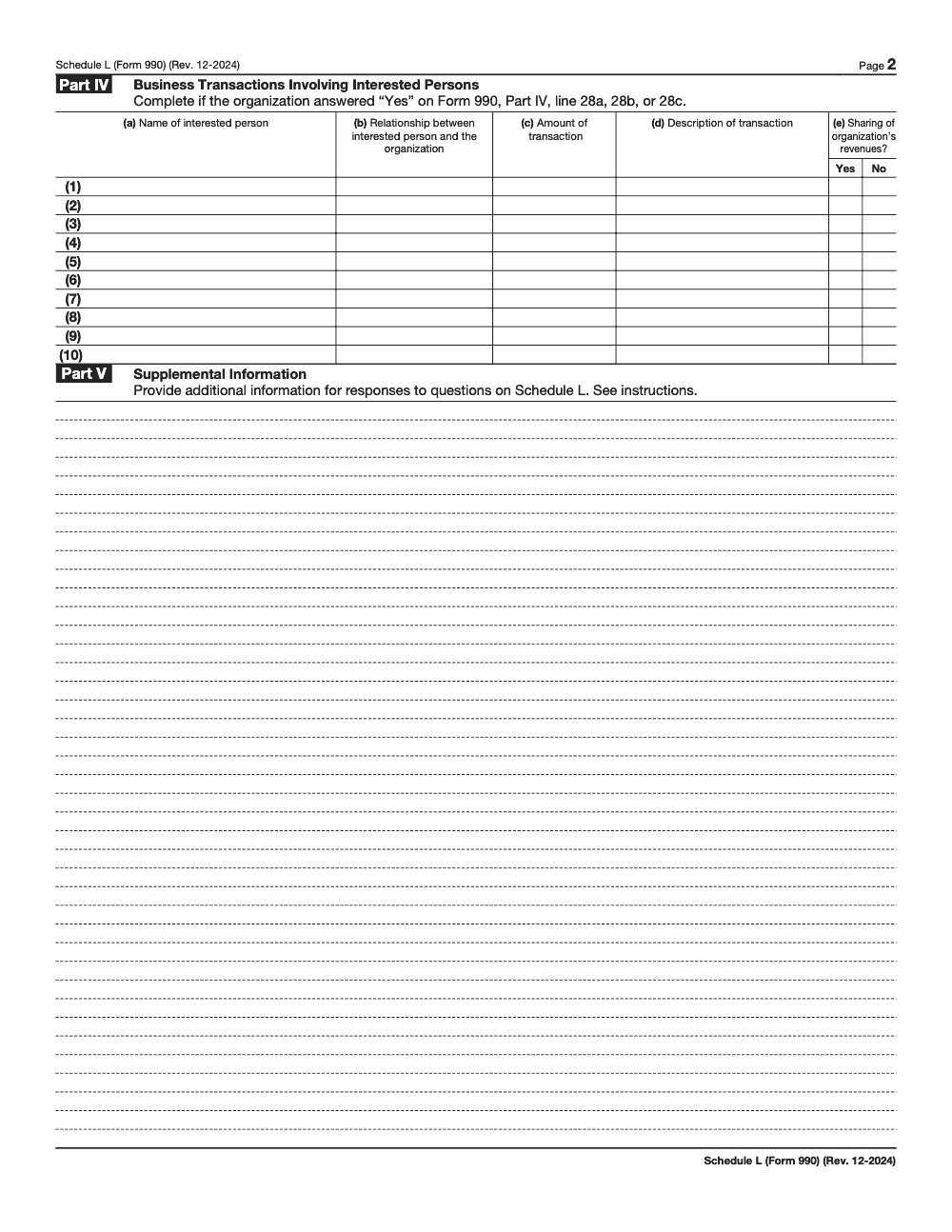 Page 2 of 2 of the official IRS Form 990 Schedule L PDF (Rev. December 2024): Parts IV, V