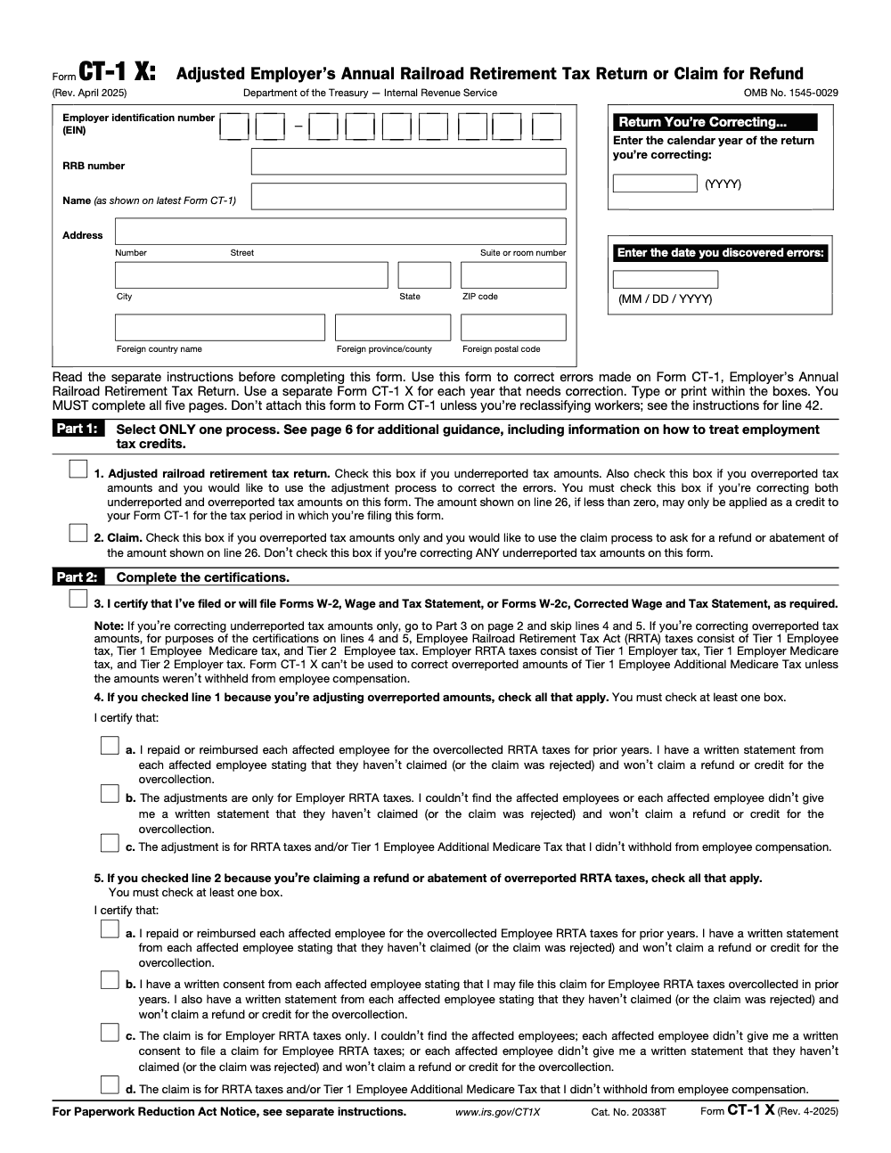 Page 1 of 6 of the official IRS Form CT-1X PDF (Rev. April 2025): Parts 1, 2, 3