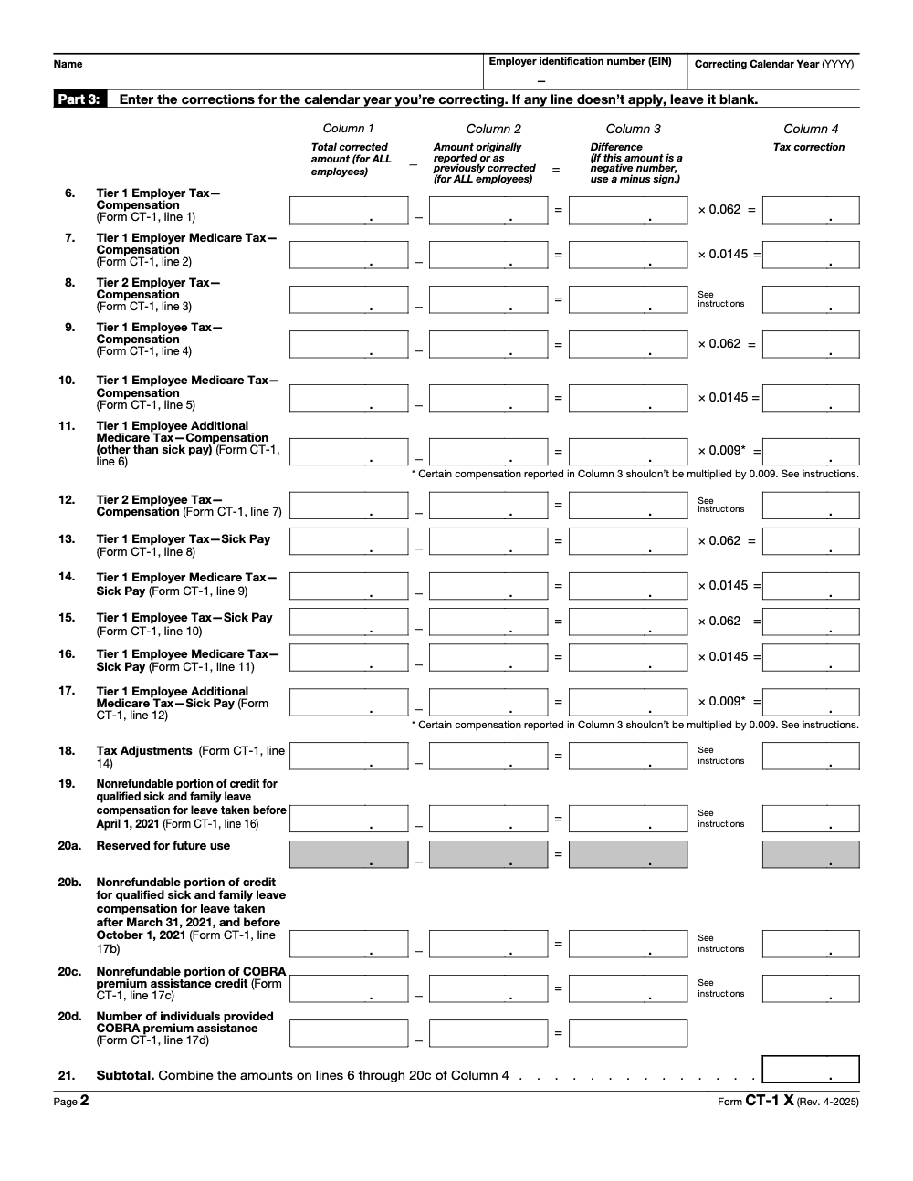 Page 2 of 6 of the official IRS Form CT-1X PDF (Rev. April 2025): Part 3