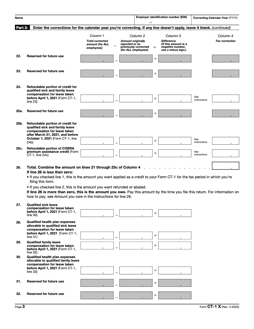 Page 3 of 6 of the official IRS Form CT-1X PDF (Rev. April 2025): Part 3