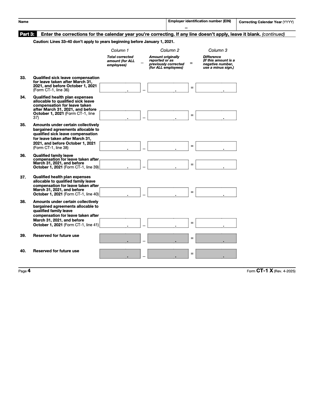 Page 4 of 6 of the official IRS Form CT-1X PDF (Rev. April 2025): Part 3