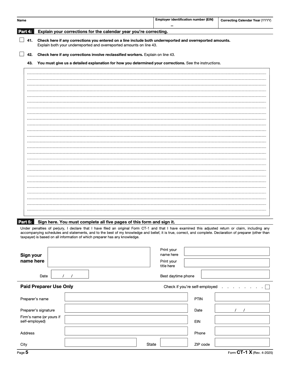 Page 5 of 6 of the official IRS Form CT-1X PDF (Rev. April 2025): Parts 4, 5