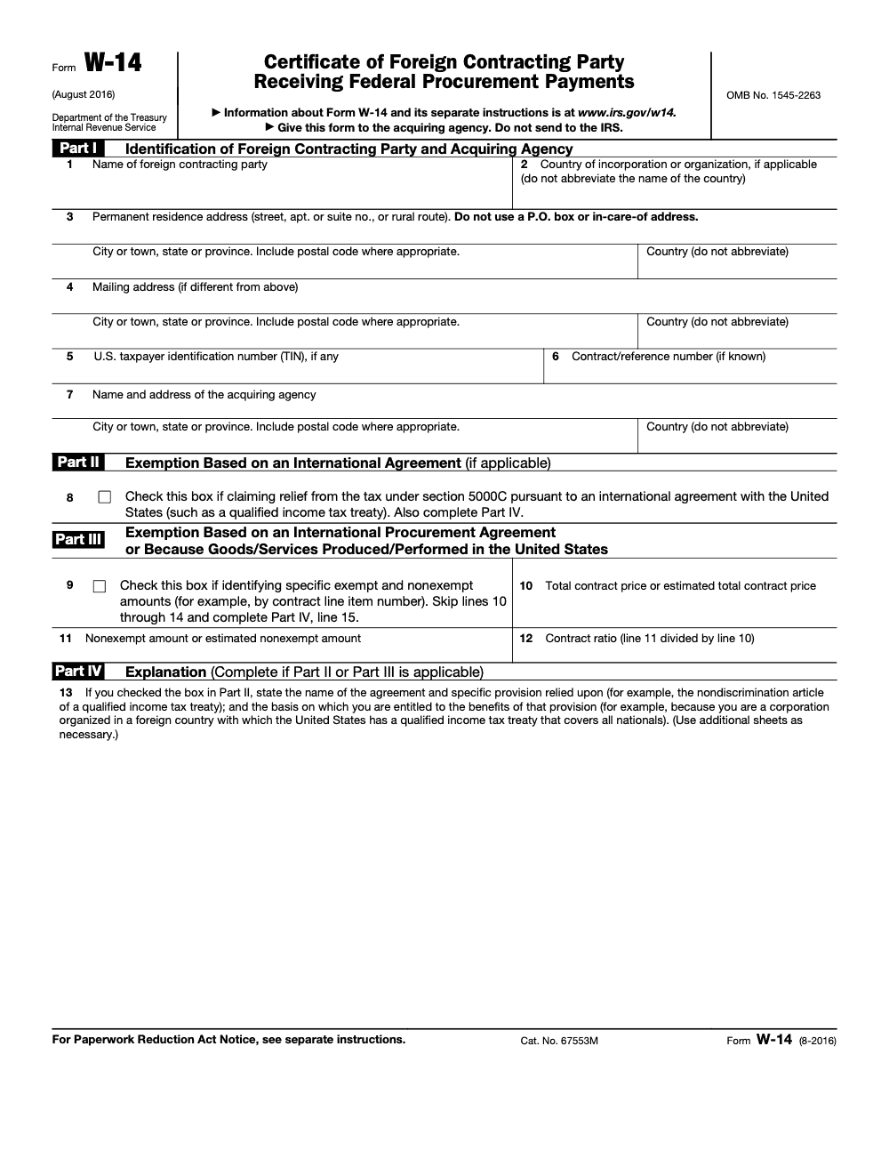 Page 1 of 2 of the official IRS Form W-14 PDF (August 2016 edition): Parts I, II, IV, III