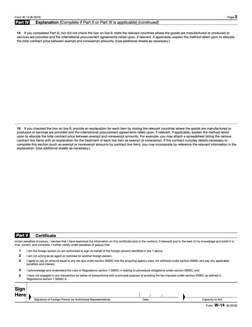 Page 2 of 2 of the official IRS Form W-14 PDF (August 2016 edition): Parts IV, II, III, V