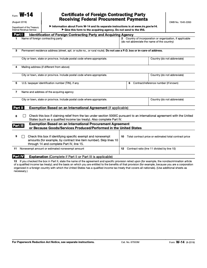 Page 1 of 2 of the official IRS Form W-14 PDF (August 2016 edition): Parts I, II, IV, III
