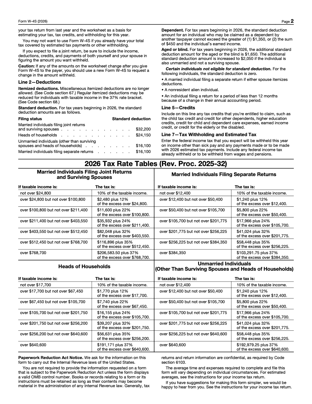 Page 2 of 2 of the official IRS Form W-4S PDF (2026 edition)
