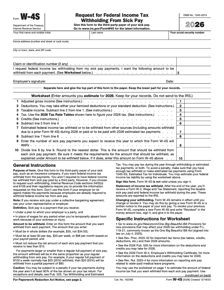 Page 1 of 2 of the official IRS Form W-4S PDF (2026 edition): instructions