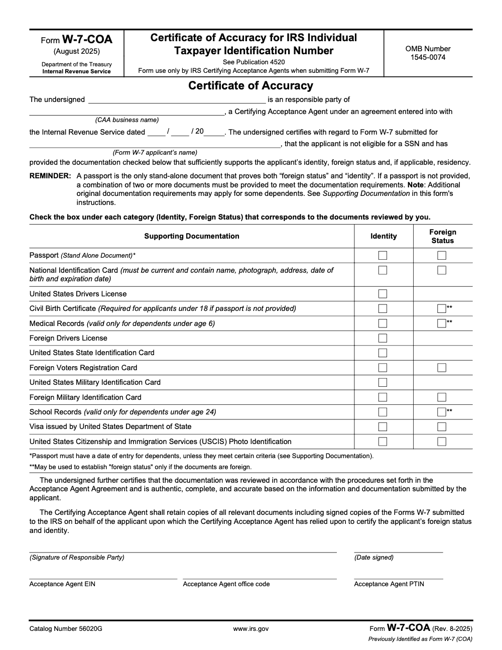 Page 1 of 2 of the official IRS Form W-7-COA PDF (Rev. August 2025)