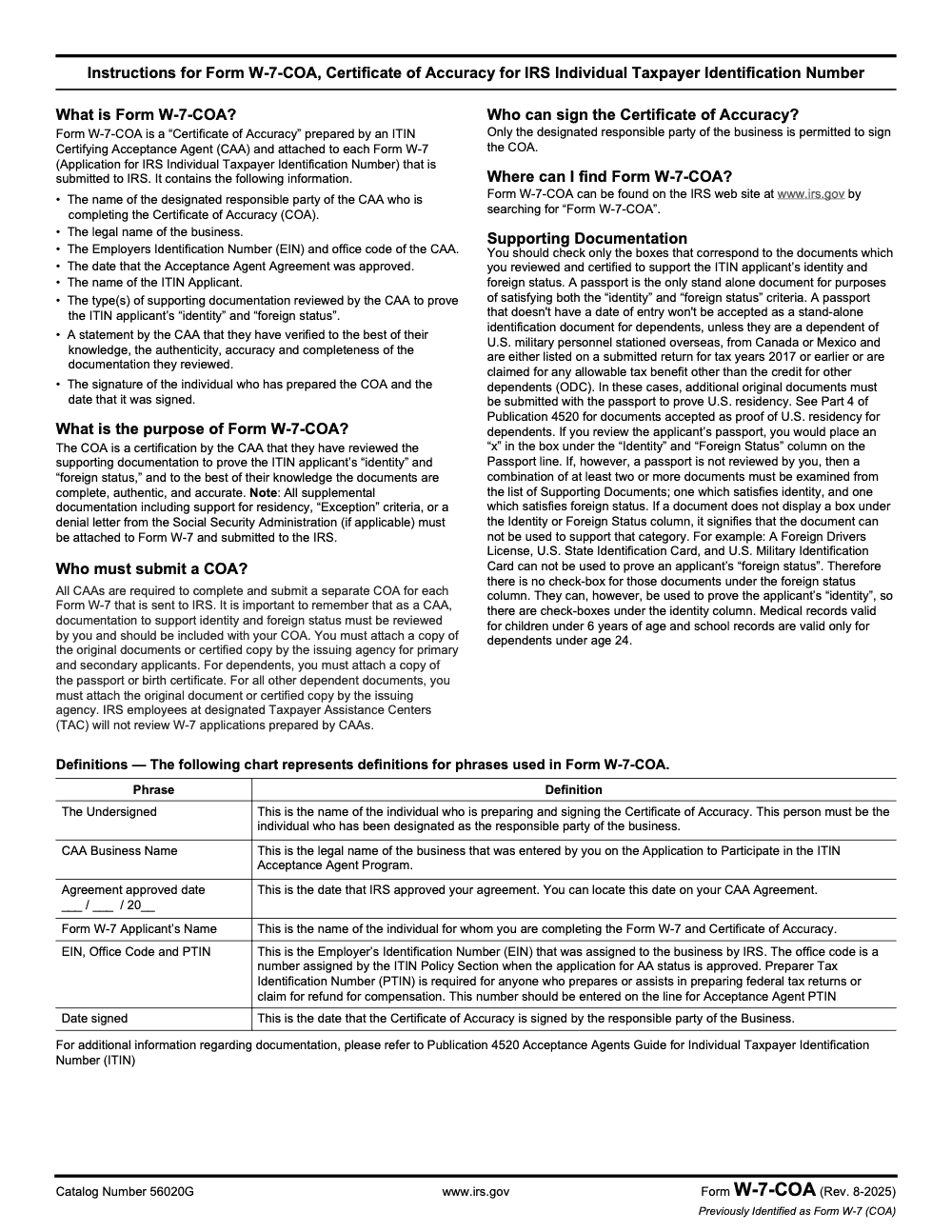 Page 2 of 2 of the official IRS Form W-7-COA PDF (Rev. August 2025)