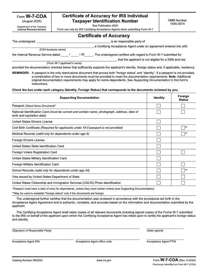 Page 1 of 2 of the official IRS Form W-7-COA PDF (Rev. August 2025)