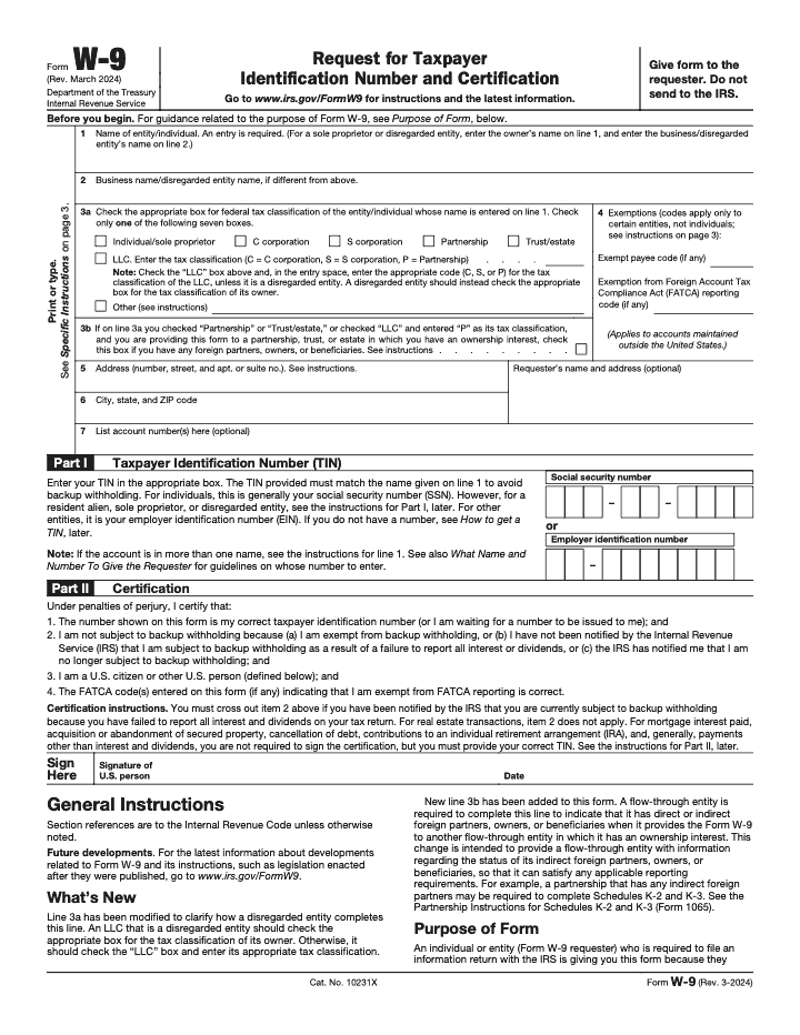 First page of the official IRS Form W-9 PDF
